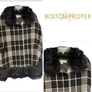 Boston Proper Black and White Plaid Cape with Faux Fur